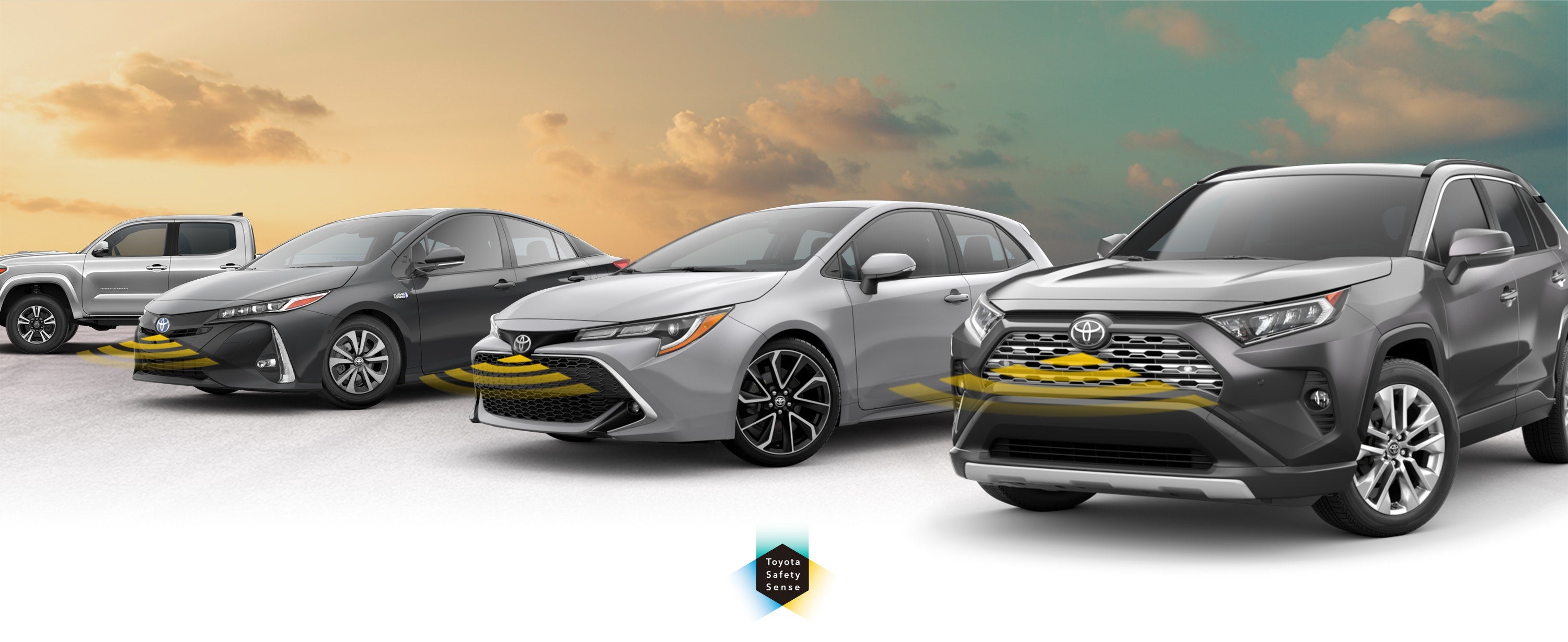 Toyota Safety Sense: Designed for Safety. Options shown on Toyota models including RAV4, Tacoma, and Camry, available now at Clint Bowyer Toyota in Emporia KS.